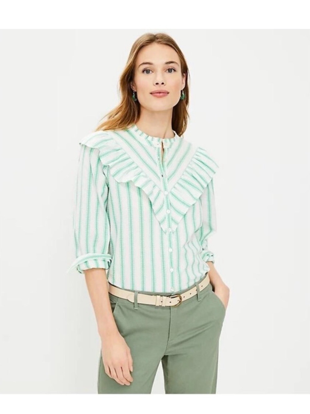LOFT Mint and White Striped Ruffle-Front Button Down